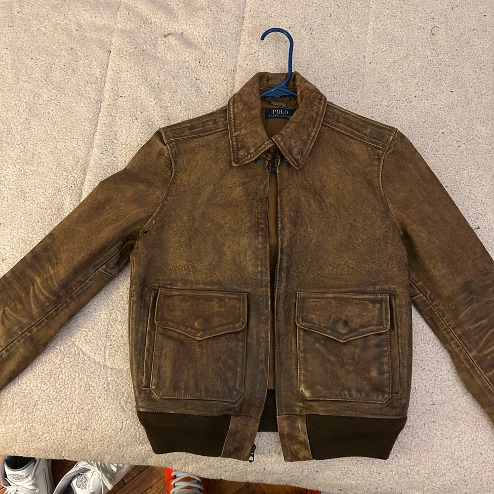 Ralph Lauren Distressed Brown Leather Bomber Jacket